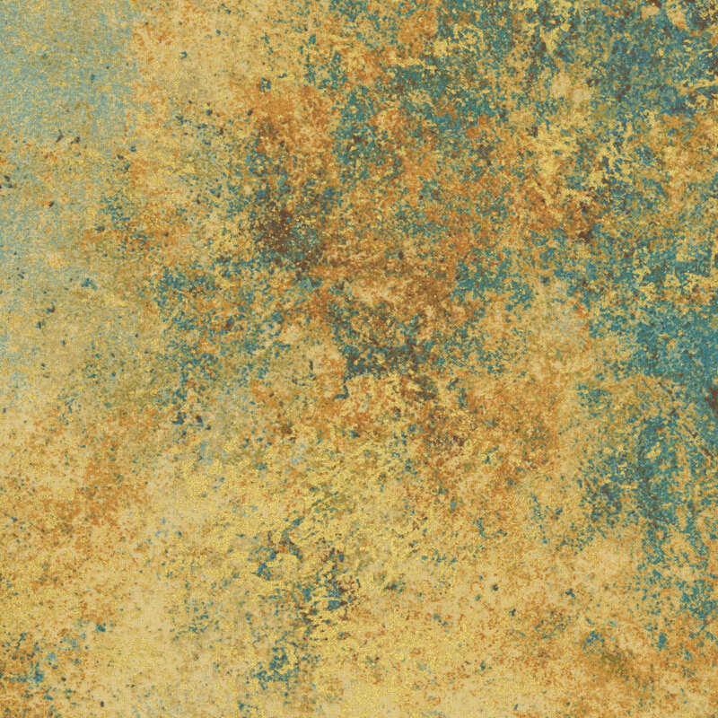 A golden fabric with textured brown, teal, and metallic mottling