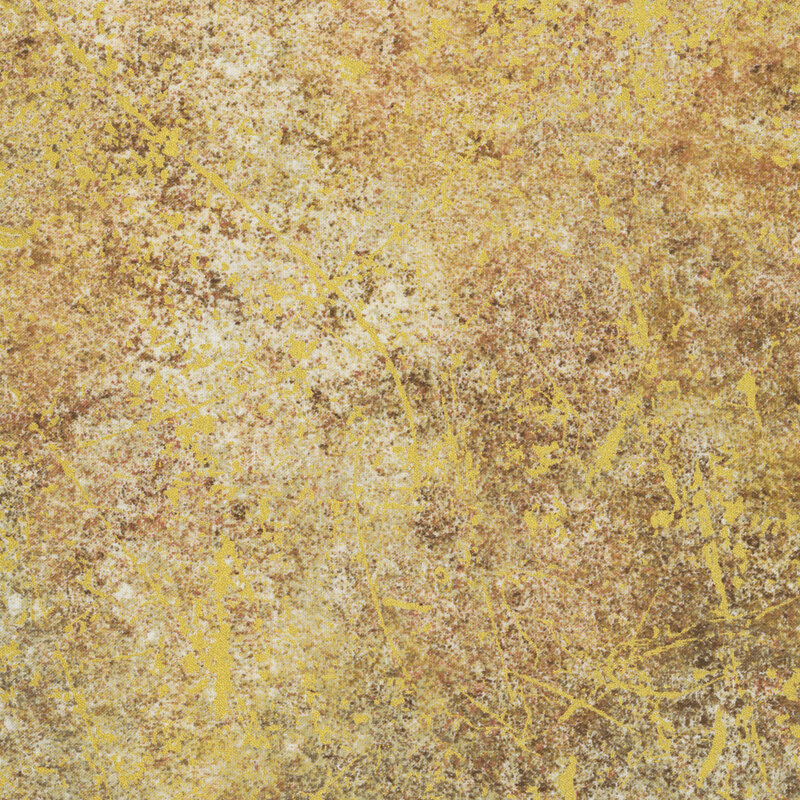 An almond tan fabric with a grungy brown texture and gold metallic splattered accents