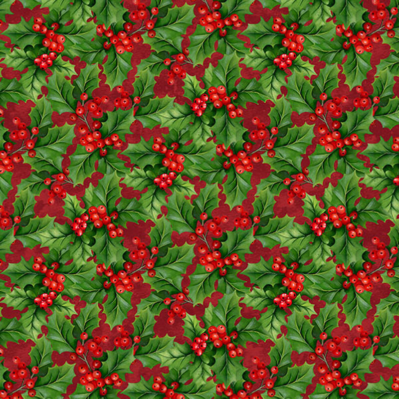 Mottled red fabric with a dense pattern of holly leaves accented with drupes.