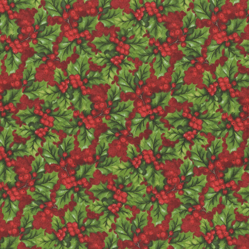 Mottled red fabric with a dense pattern of holly leaves accented with drupes.