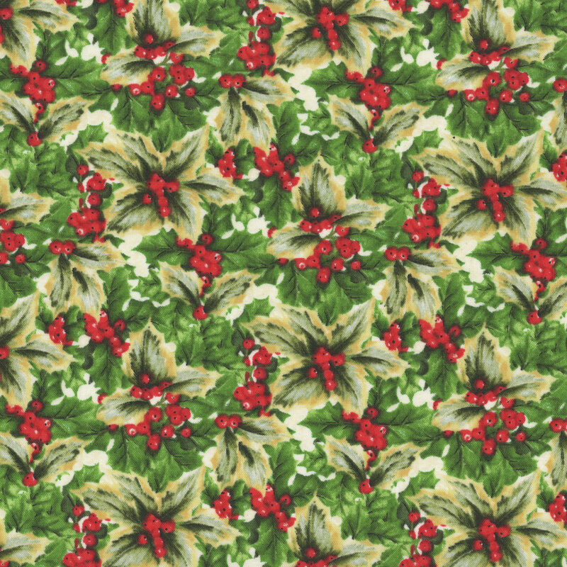 Green fabric with a dense pattern of holly leaves set against a subtle white background.