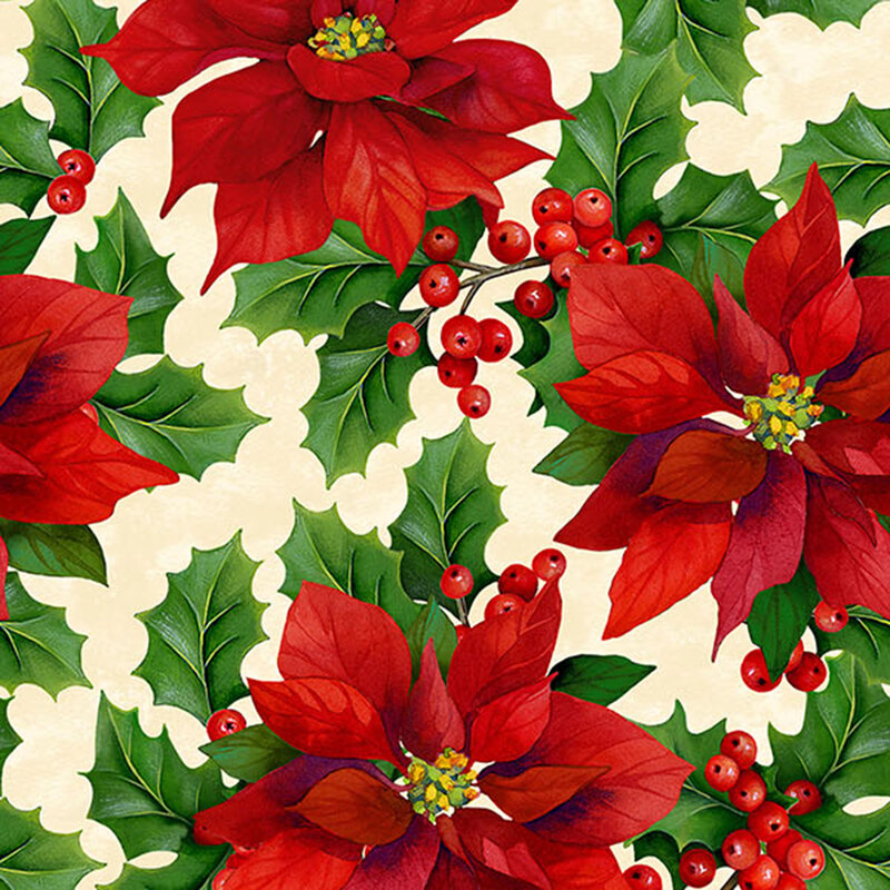 Mottled cream fabric with a pattern of large poinsettias and holly leaves.