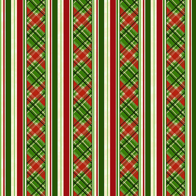 Green fabric with a classic plaid pattern with stripes in red, black, and cream.