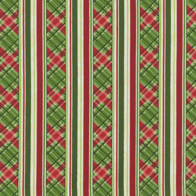 Green fabric with a classic plaid pattern with stripes in red, black, and cream.