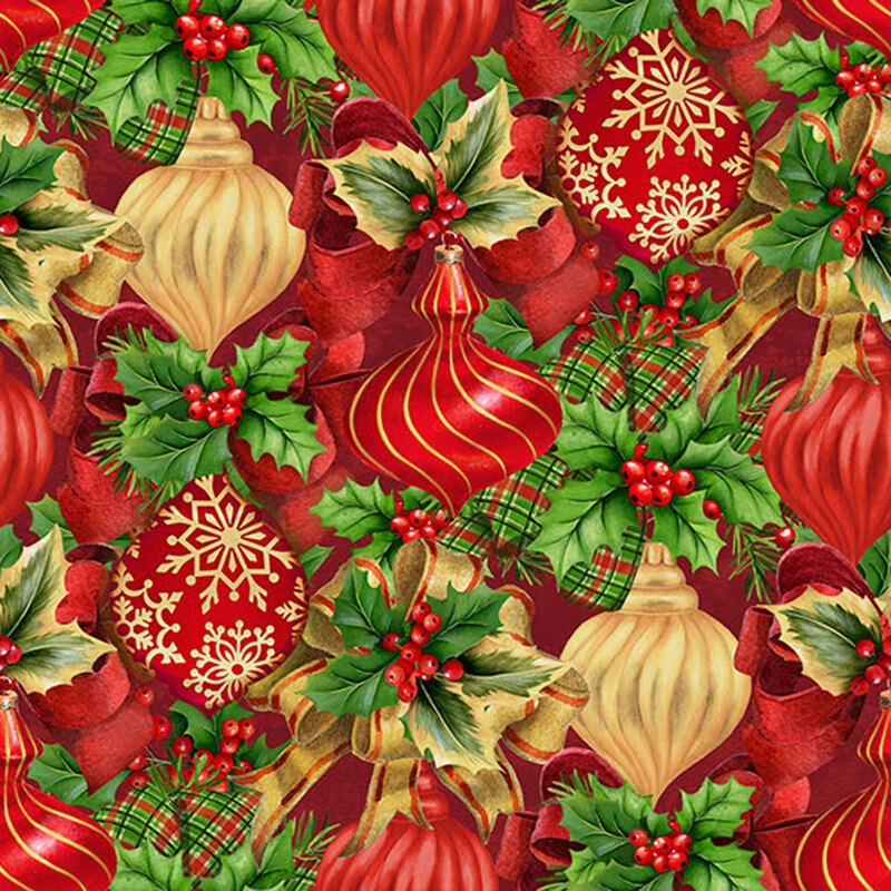 Red fabric with a dense pattern of holly, festive ornaments, and ribbons.