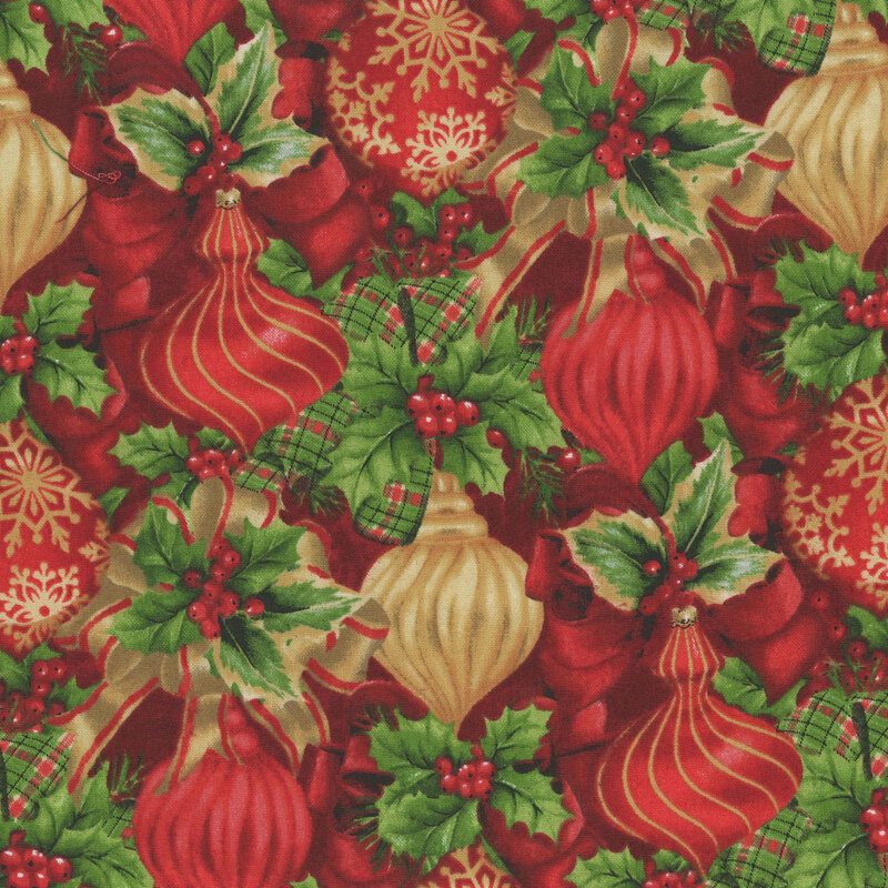 Red fabric with a dense pattern of holly, festive ornaments, and ribbons.
