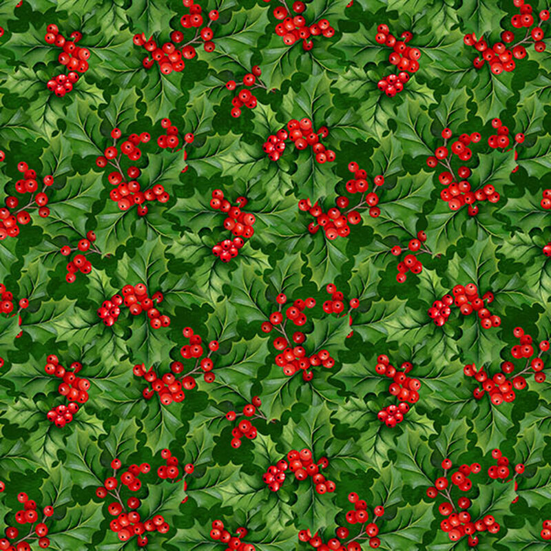 Mottled green fabric with a dense pattern of holly leaves accented with red drupes.