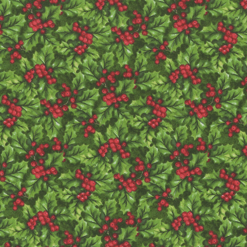 Mottled green fabric with a dense pattern of holly leaves accented with red drupes.