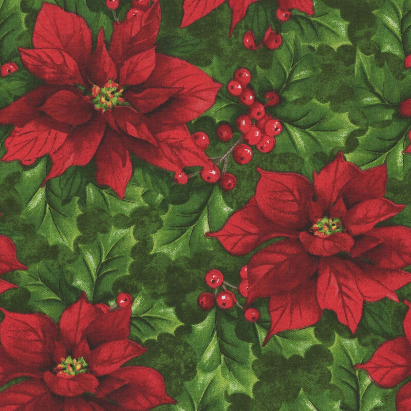 Mottled green fabric with a pattern of large poinsettias and holly leaves.