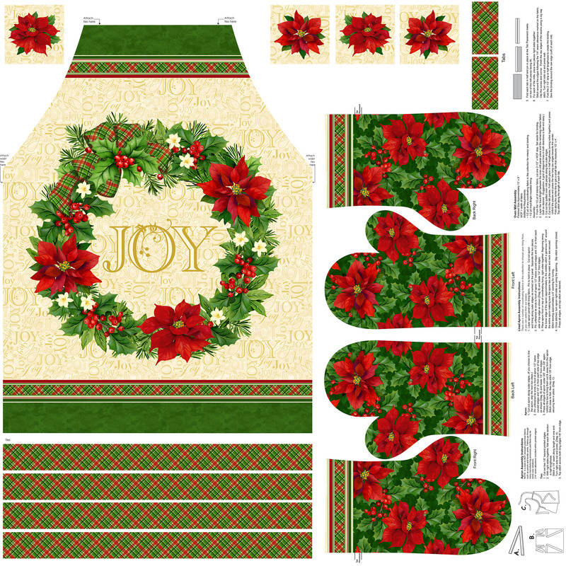 Canvas panel with an apron and oven mitt design decorated with holly and the word 