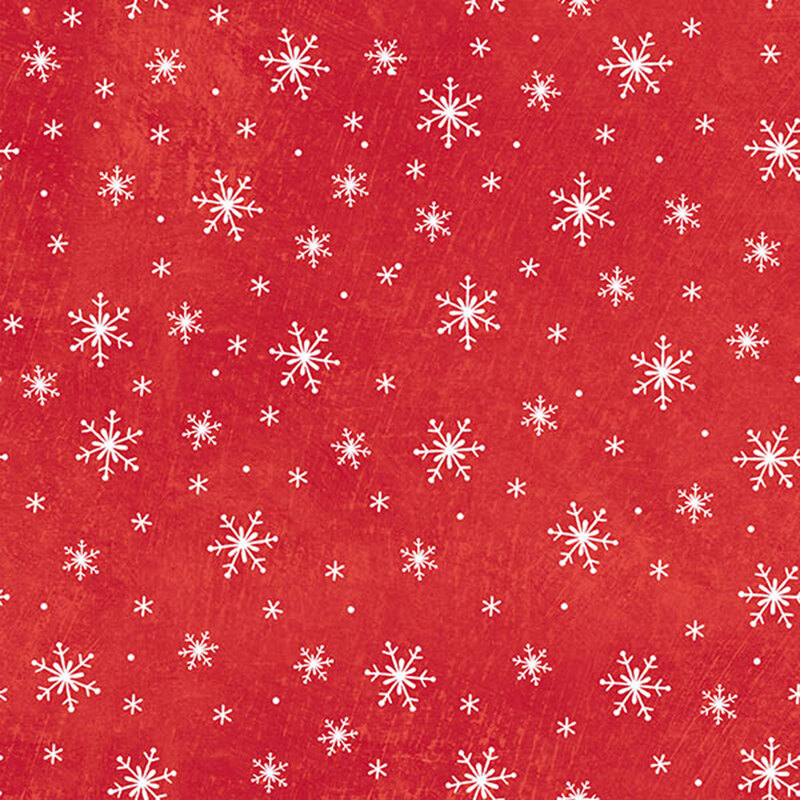 textured cardinal red fabric tossed with white snowflakes