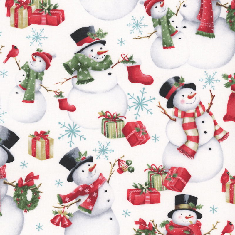 white fabric featuring festive snowmen, holiday gifts, and icy blue snowflakes.
