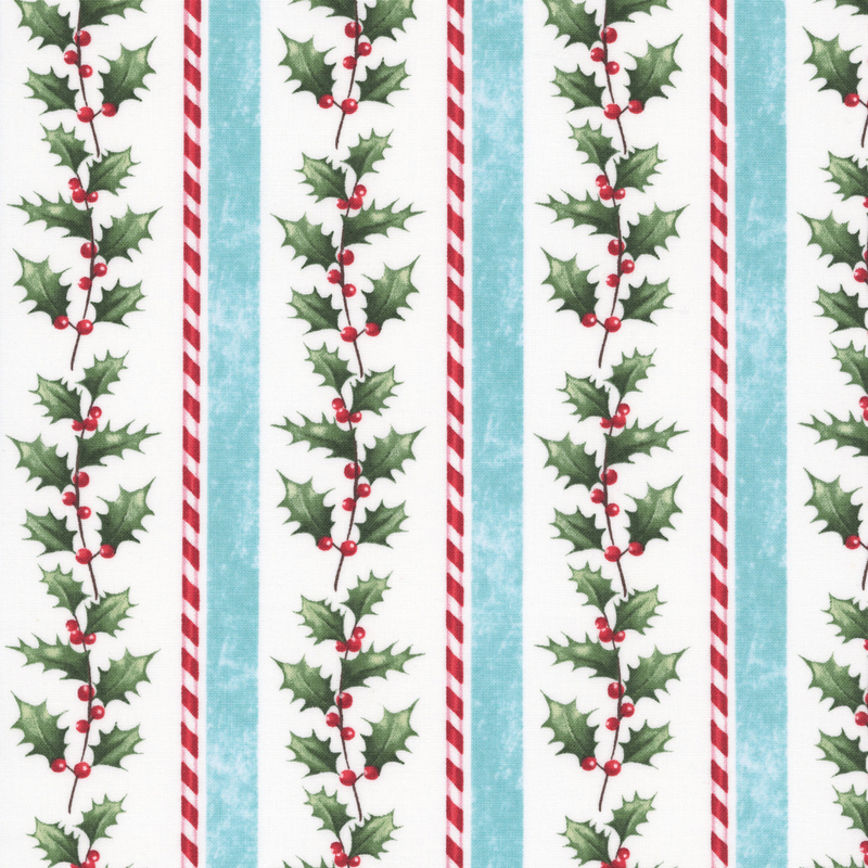 white fabric featuring alternating stripes of holly garlands, red and white candy canes, and icy blue.