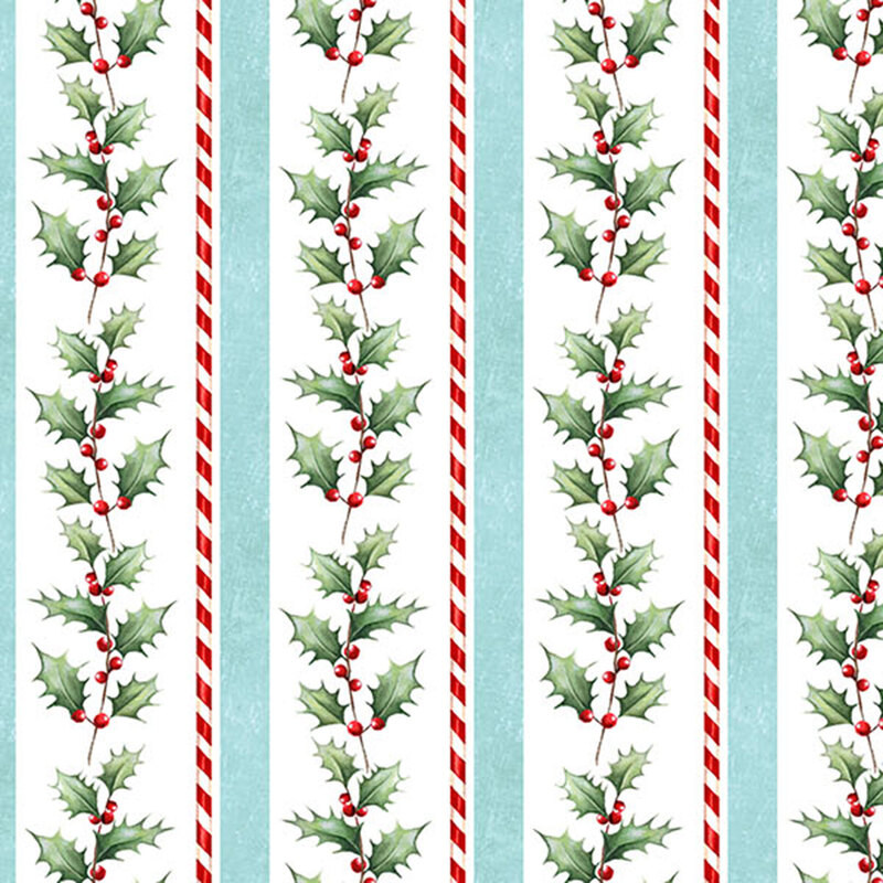 white fabric featuring alternating stripes of holly garlands, red and white candy canes, and icy blue.