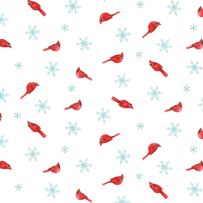bright red cardinals and icy blue snowflakes tossed on a bright white background