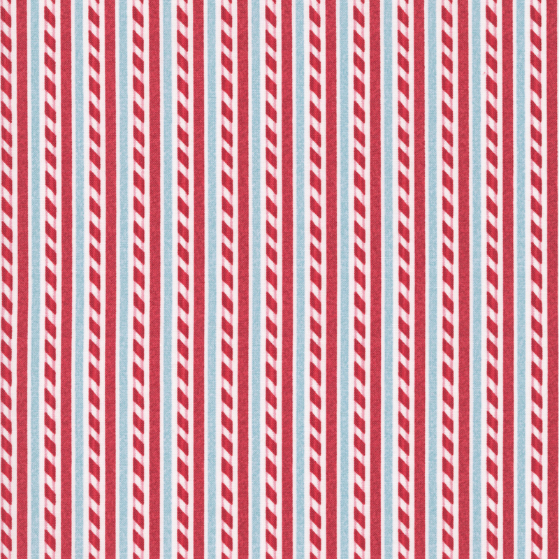 white fabric featuring alternating stripes of red, red and white candy cane, and icy blue
