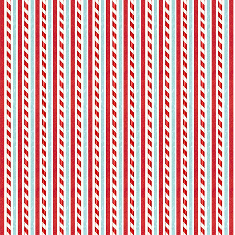 white fabric featuring alternating stripes of red, red and white candy cane, and icy blue