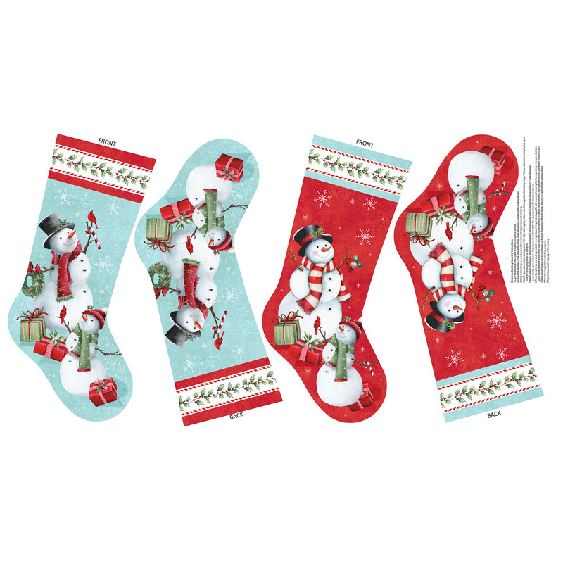 Christmas stockings panel featuring snowmen scenes on icy blue and candy red fabric.