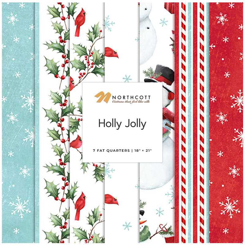 A collage of fabrics in pale blue, white, and candy red featuring snowflakes, holly, and snowmen in the Holly Jolly collection by Northcott Fabrics.