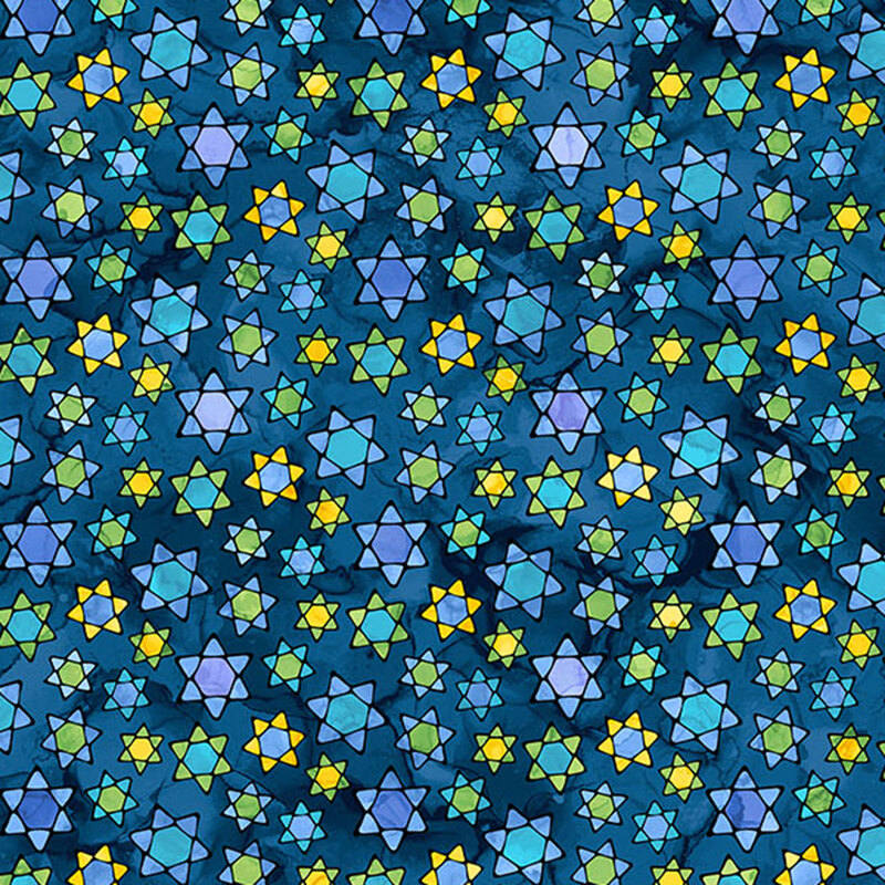A blue Hanukkah themed fabric featuring tossed Stars of David with a stained glass design. 