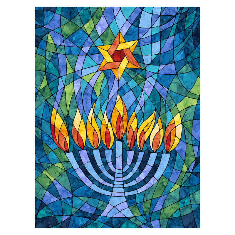 A Hanukkah themed fabric panel featuring a stained glass motif of the Star of David and a lit Hanukkah menorah.