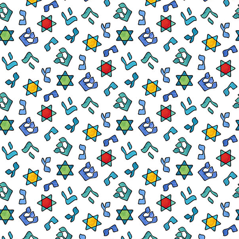 A white Hanukkah themed fabric featuring the Star of David scattered among stylized hebrew letters.   