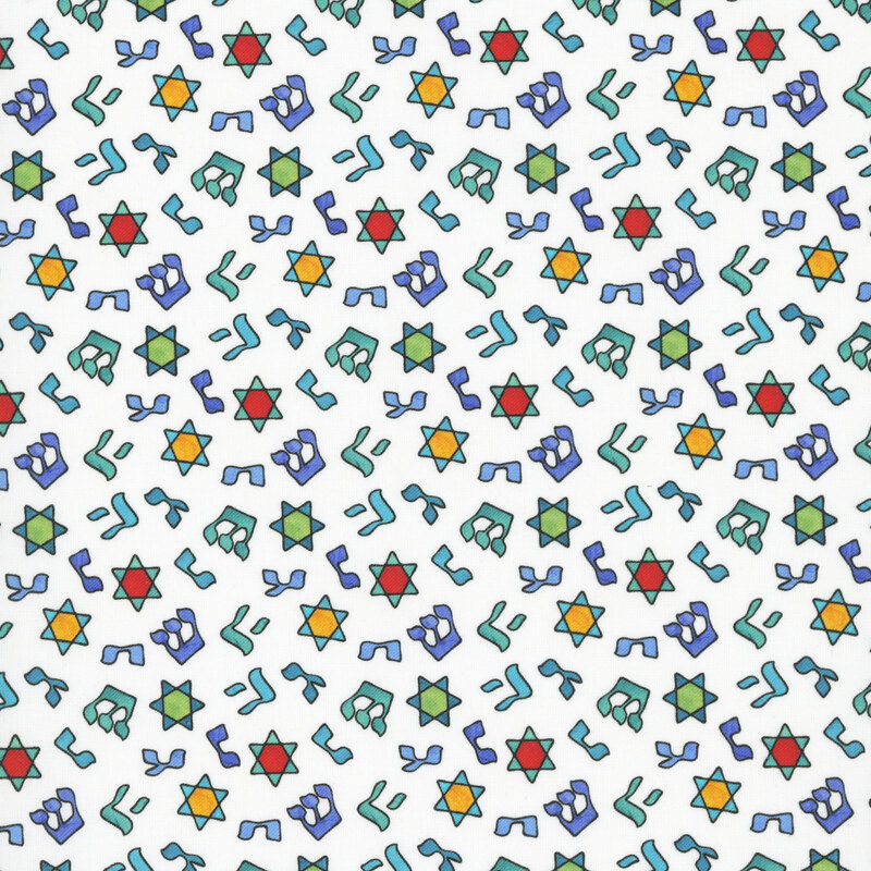 A white Hanukkah themed fabric featuring the Star of David scattered among stylized hebrew letters.   