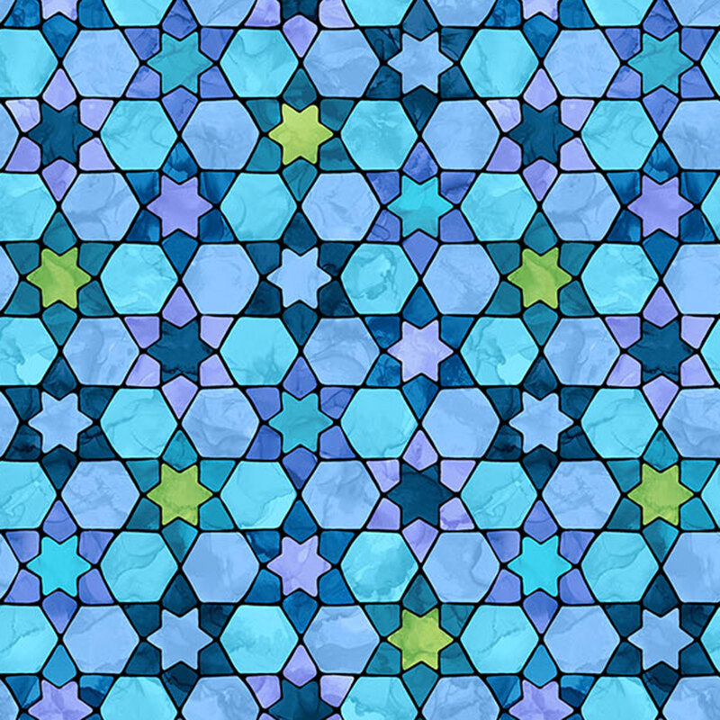 A blue Hanukkah themed fabric featuring the Star of David in a stained glass design. 