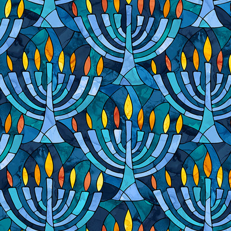 A blue Hanukkah themed fabric featuring stained glass Hanukkah menorahs. 