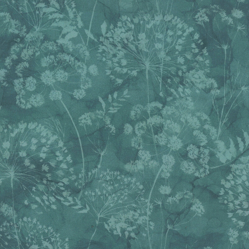 Turquoise fabric with tonal aquamarine a pattern of dandelion puffs and leaves.