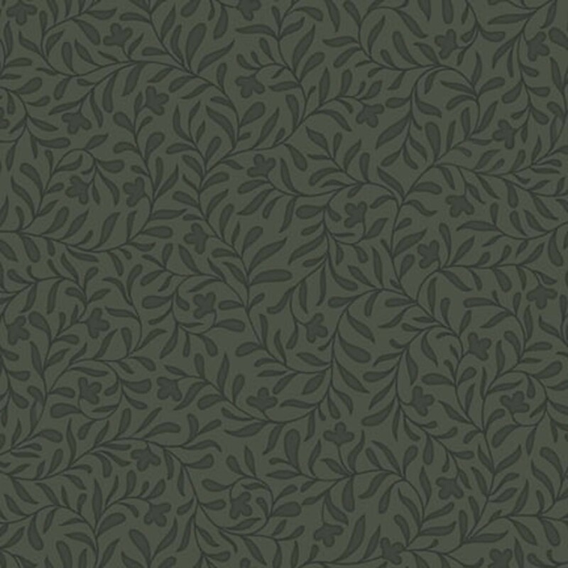 A dark spruce fabric with a dense tonal leafy vine design 
