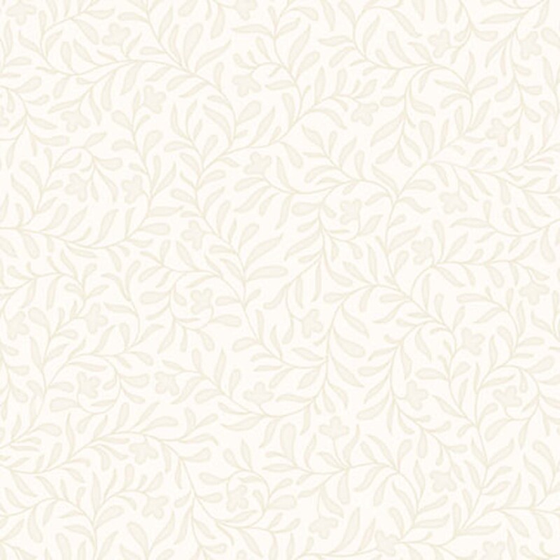 A light cream fabric with a dense tonal leafy vine design