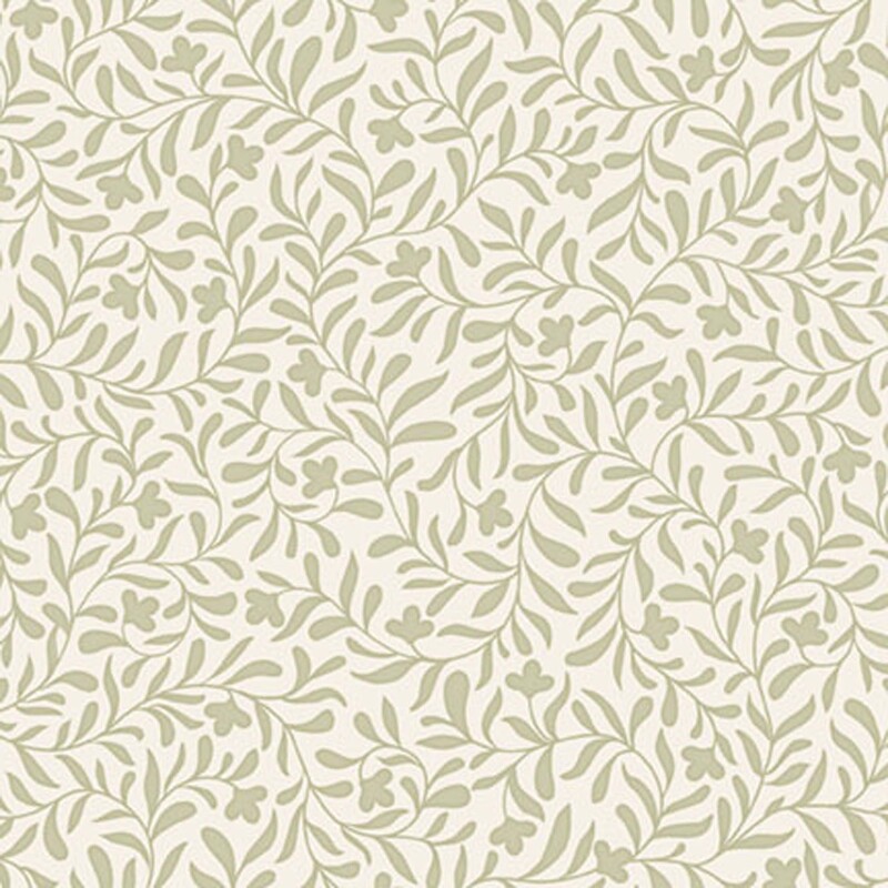 An eggshell white fabric with a light sage leafy vine design 