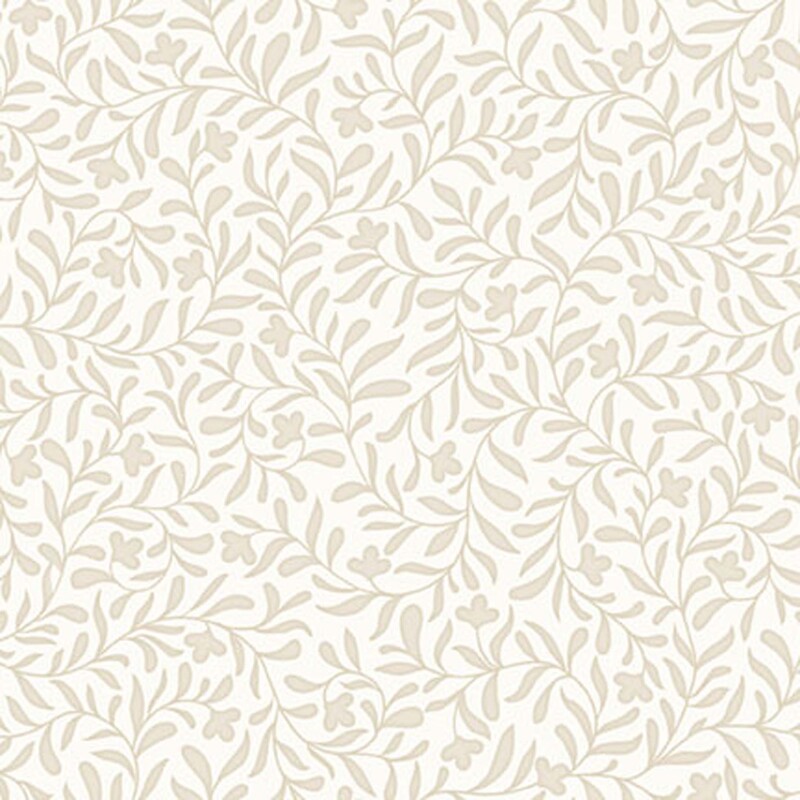 An eggshell fabric with a dense beige leafy vine design