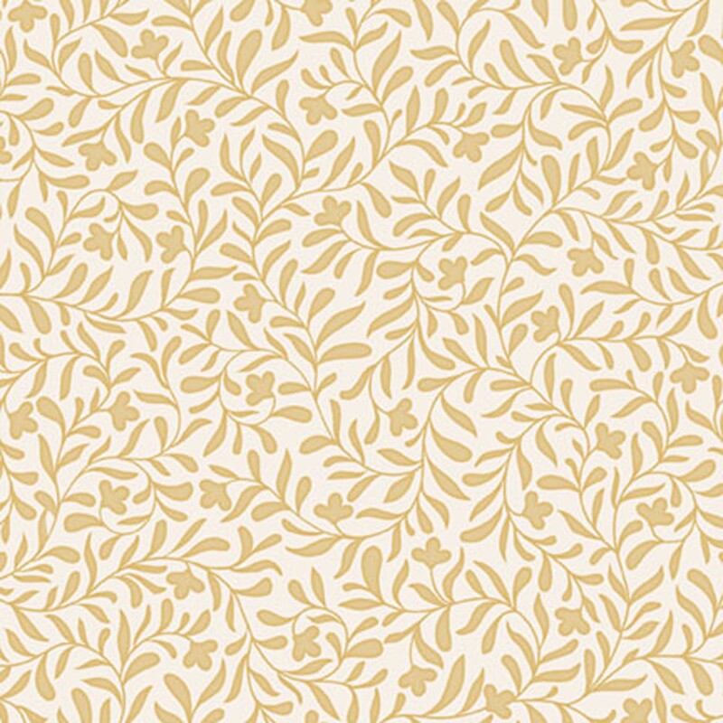 A cream beige fabric with mustard yellow dense leafy vine fabric
