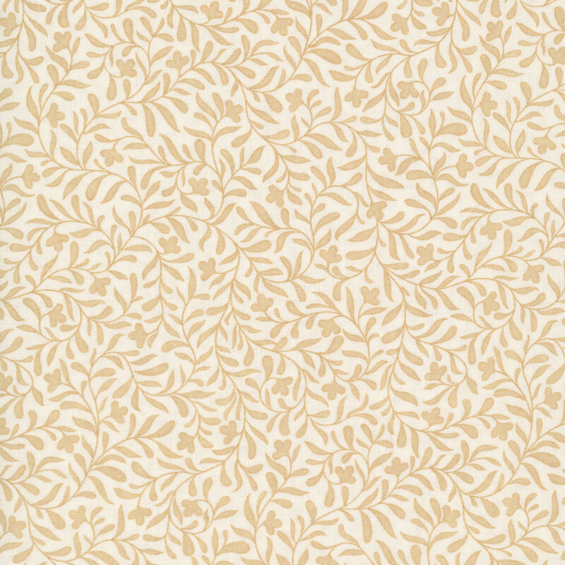 A cream beige fabric with mustard yellow dense leafy vine fabric