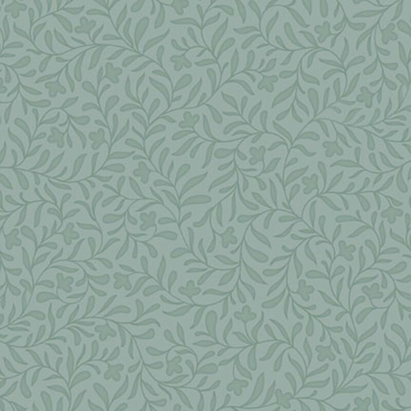 A light teal fabric with a dense tonal leafy vine design 