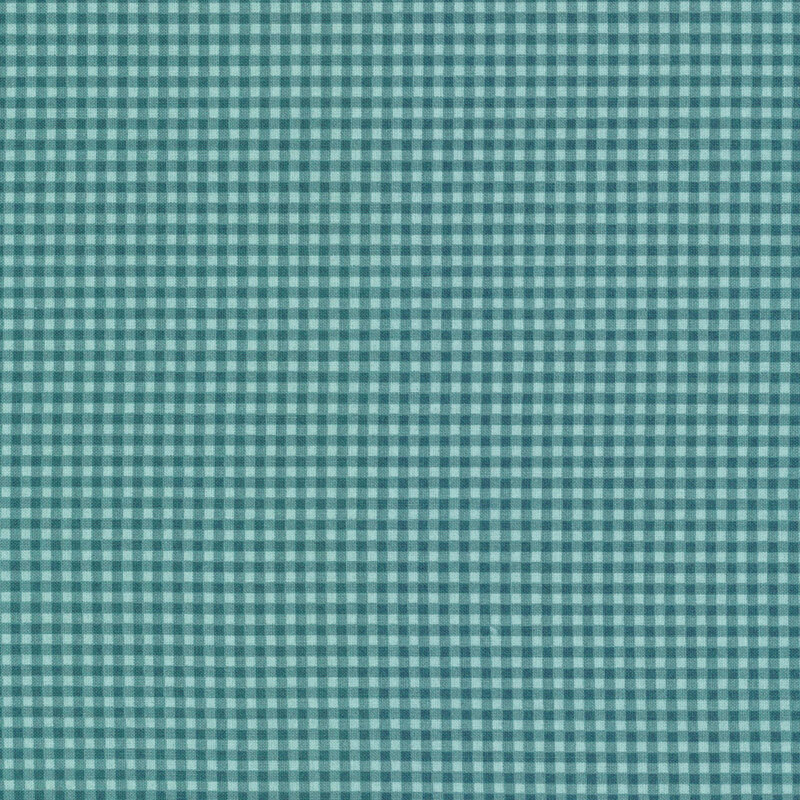A turquoise fabric with a dark teal gingham print