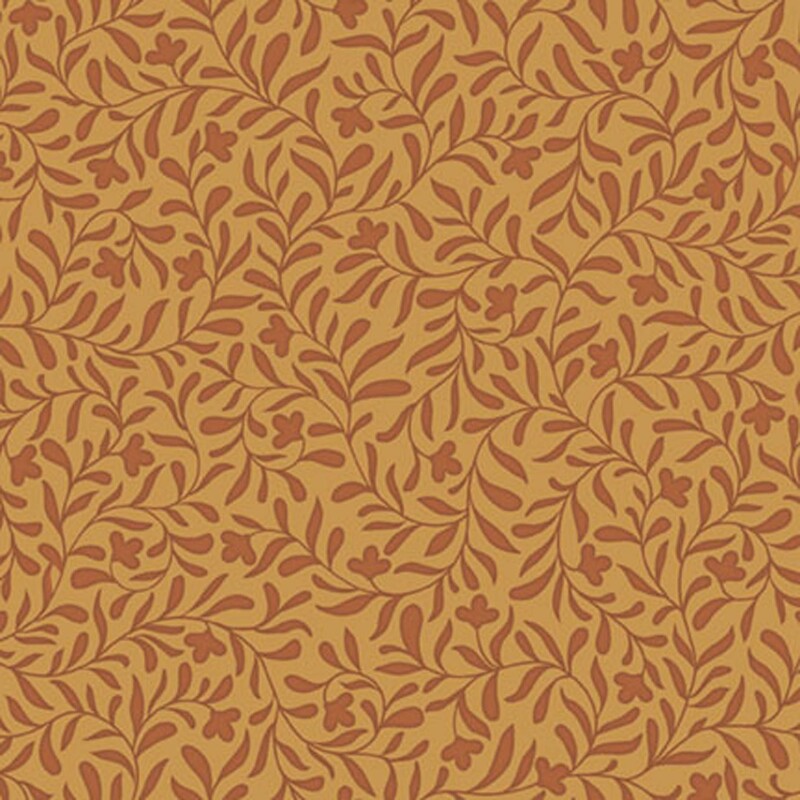 An clementine fabric with a dense red-orange leafy vine design