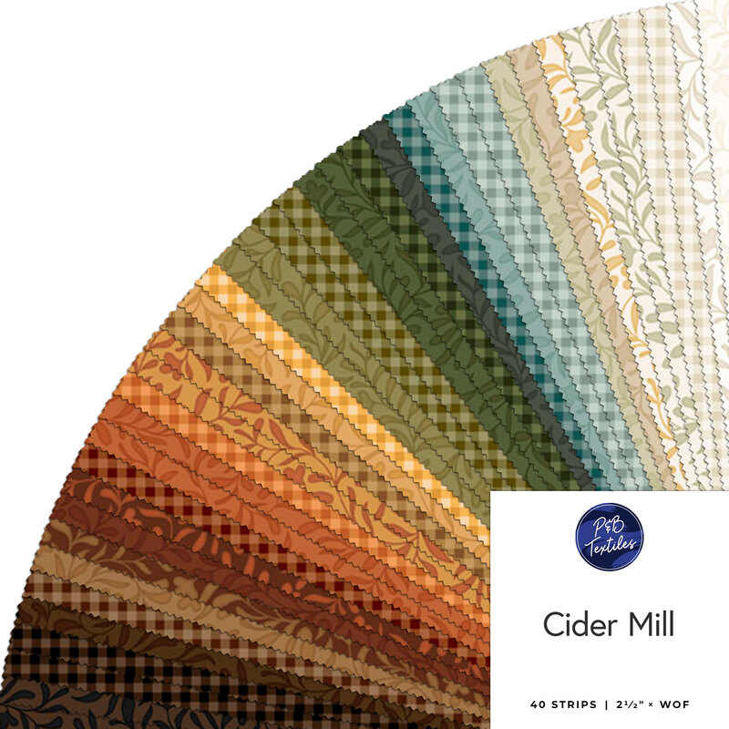A fanned out display of 40 fabric squares in autumnal shades of chestnut, orange, gold, green, blue, and cream.