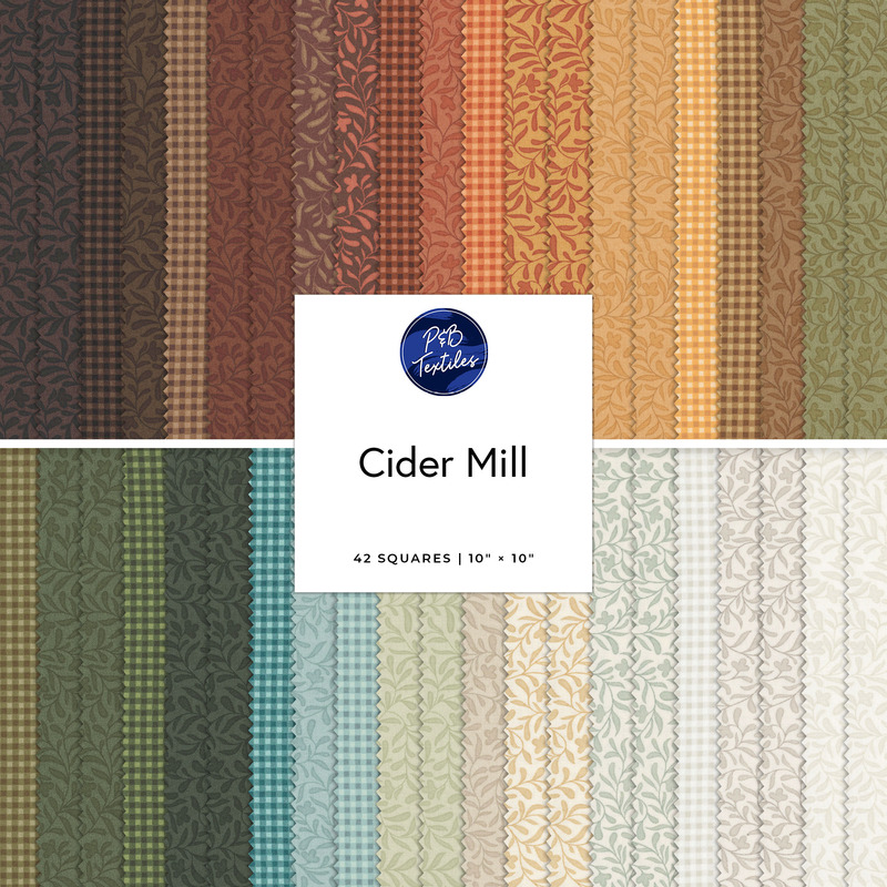 A collection of fabric swatches in autumnal shades of chestnut, orange, gold, green, blue, and cream.