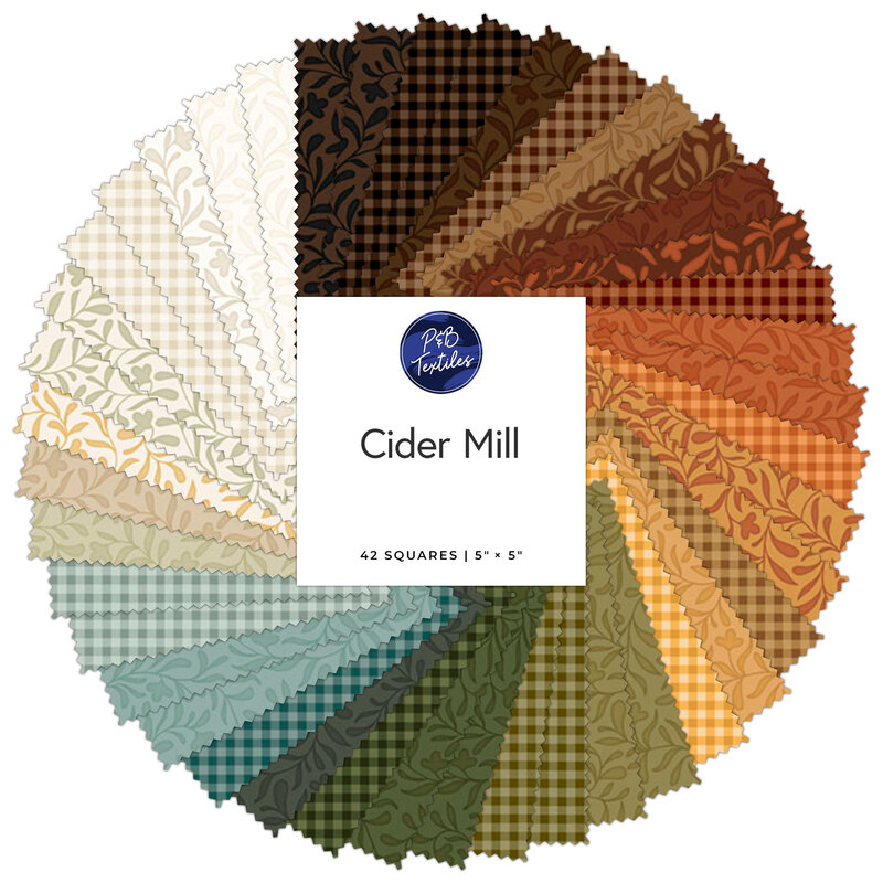 A circular display of 42 fabric squares in autumnal shades of brown, orange, green, blue and cream. 