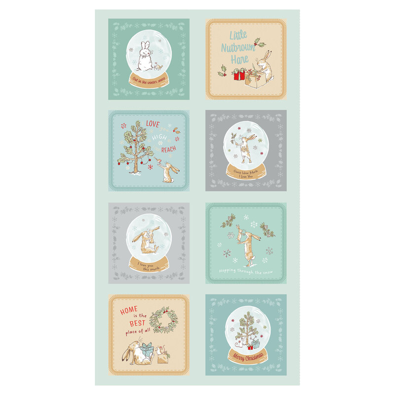 A pastel aquamarine panel depicting the Little Nutbrown Hare and others with holiday themed text in eight multicolored squares