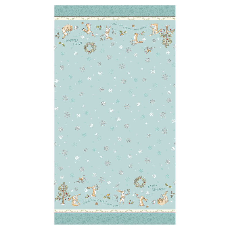 Robin egg blue fabric with small gray snowflakes and a turquoise and cream border, along with text saying 