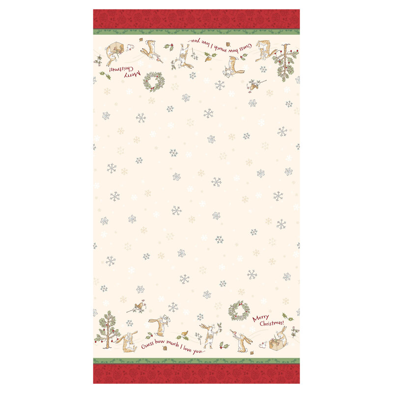 Cream fabric with small gray snowflakes and a crimson and green border, along with text saying 
