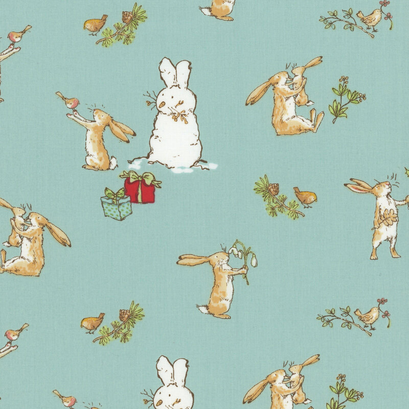 Turquoise fabric featuring the Little Nutbrown Hare, a white bunny-snowman, and Christmas presents in red and light green.