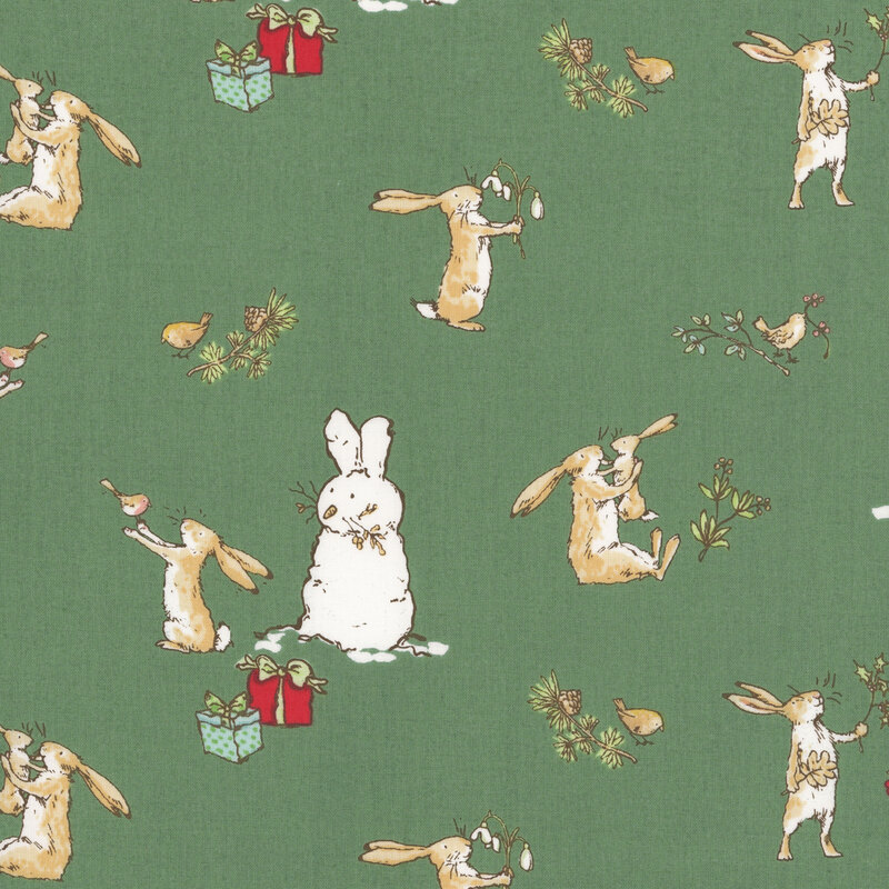Holly green fabric featuring the Little Nutbrown Hare, a white bunny-snowman, and Christmas presents in red and light green.