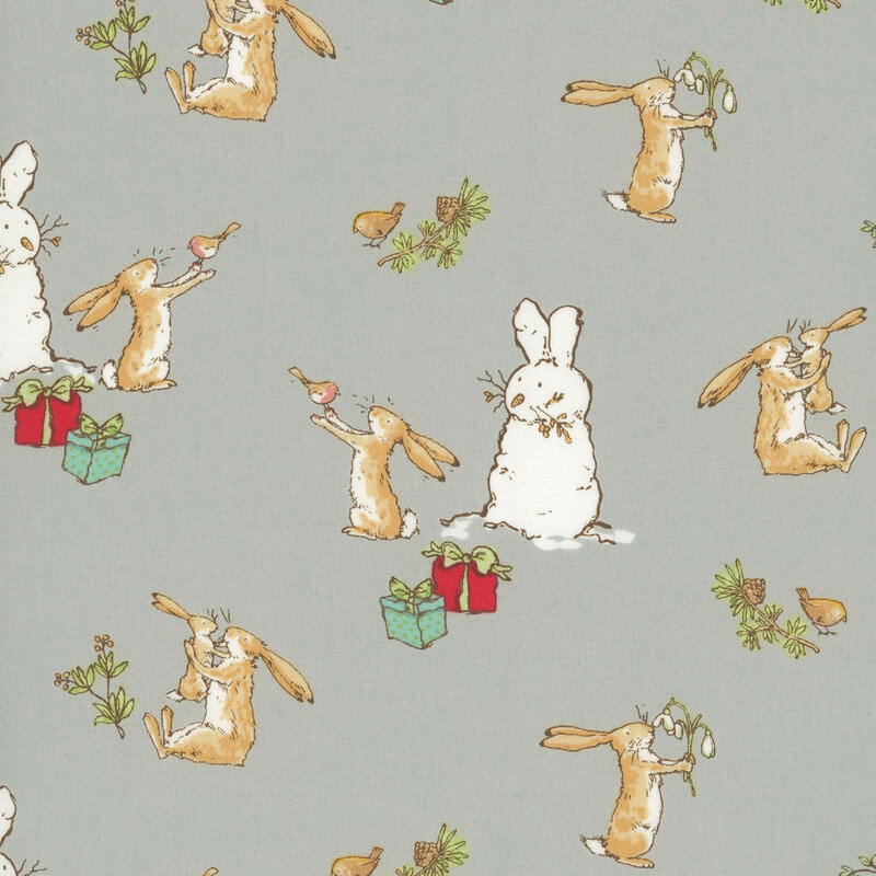 Gray fabric featuring the Little Nutbrown Hare, a white bunny-snowman, and Christmas presents in red and light green.
