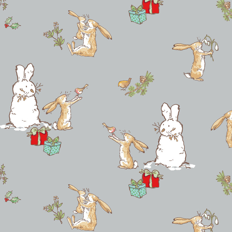 Gray fabric featuring the Little Nutbrown Hare, a white bunny-snowman, and Christmas presents in red and light green.