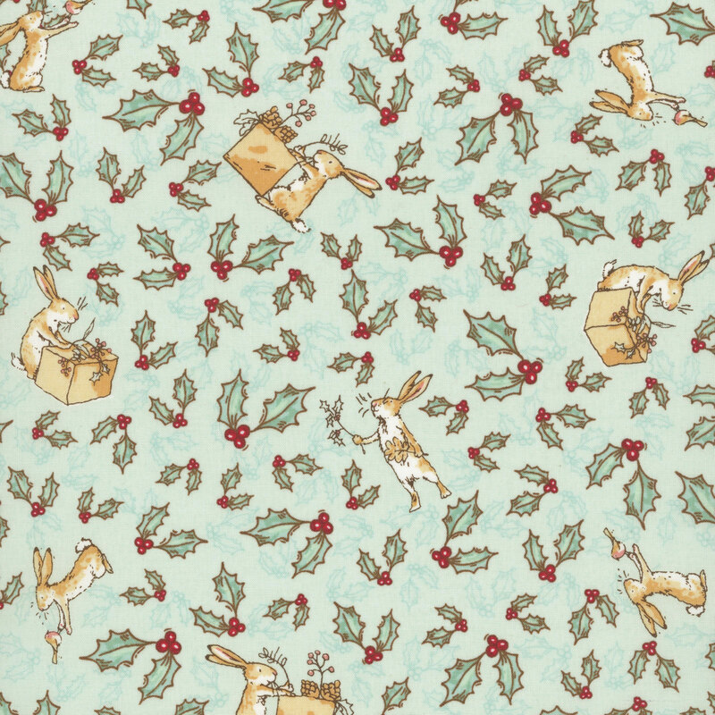 Arctic blue fabric with scattered red and green holly sprigs and the Little Nutbrown Hare packing Christmas boxes
